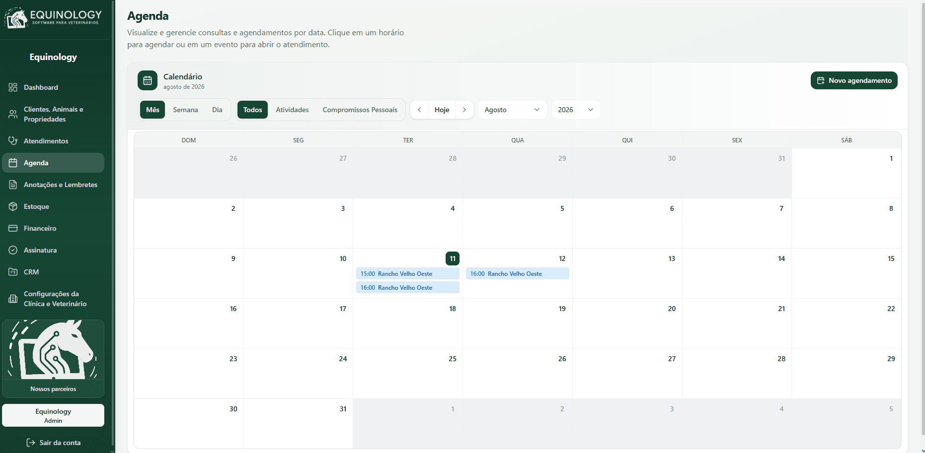 Agenda do Equinology: calendário mensal com visões por mês, semana e dia, filtros de atividades e compromissos pessoais e agendamentos marcados